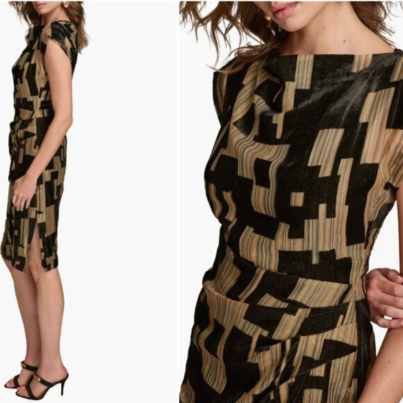 DKNY Black Gold Metallic Geo Print Sheath Dress Sleeveless Round Neck 4 NWT NEW - Picture 2 of 10